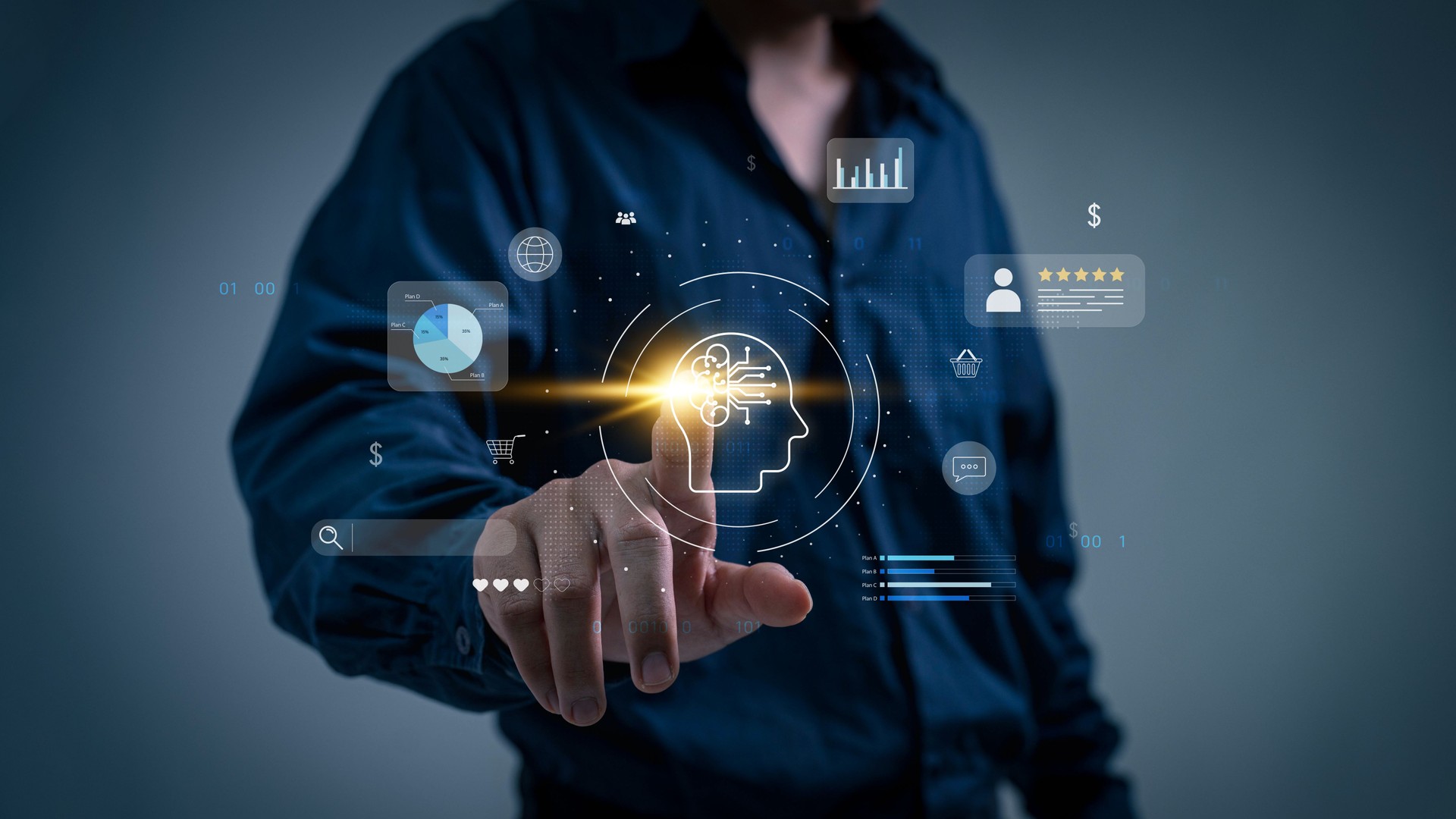 A businessman employs an internet chat bot to exchange and analyse consumer data. A customer care centre using artificial intelligence and CRM software technology