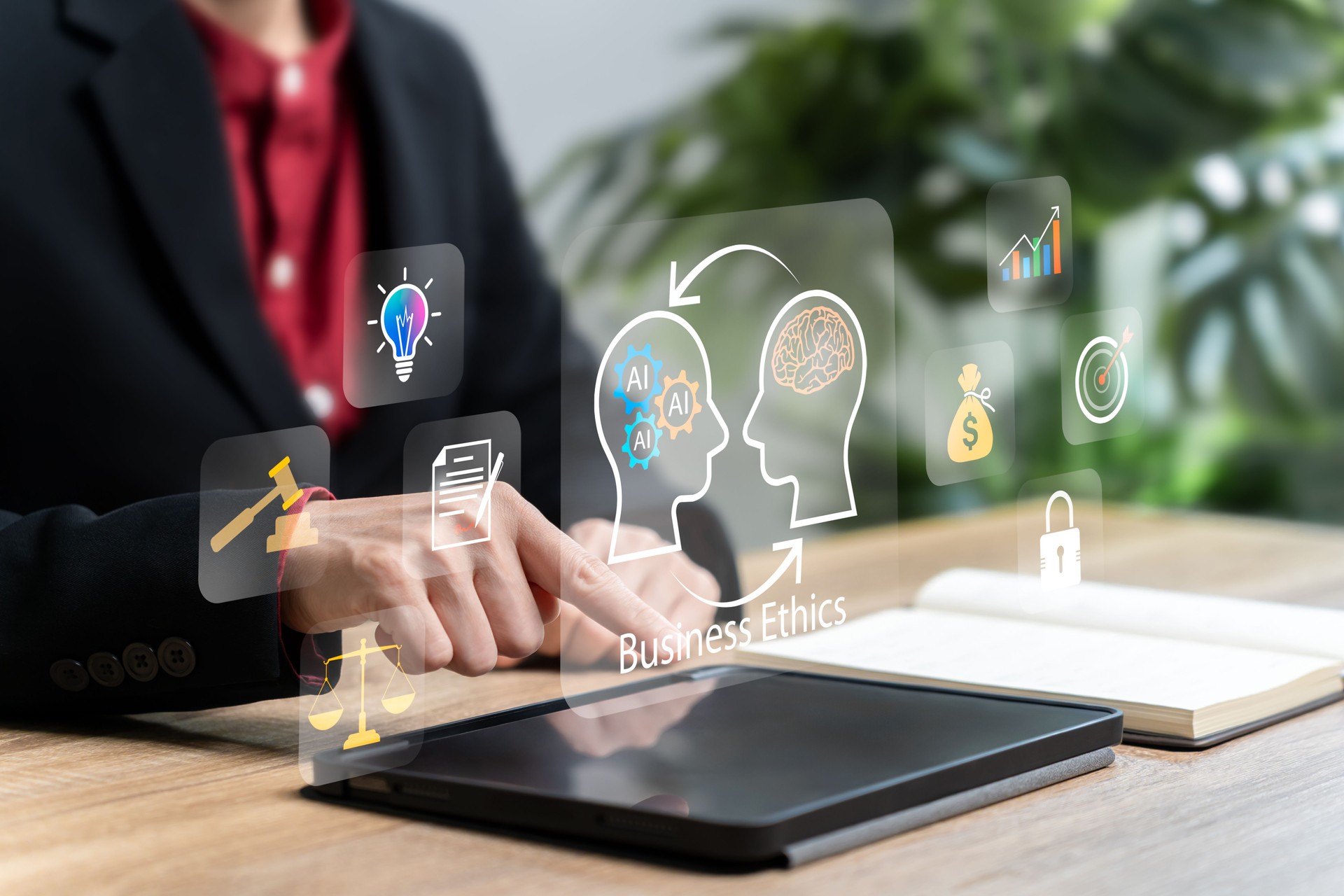 Business Ethics and Compliance, Respect for Opinions Concept. Ethical investment, Businesswomen's guidelines and rules between humans and AI, Business integrity and morals, Intellectual propert