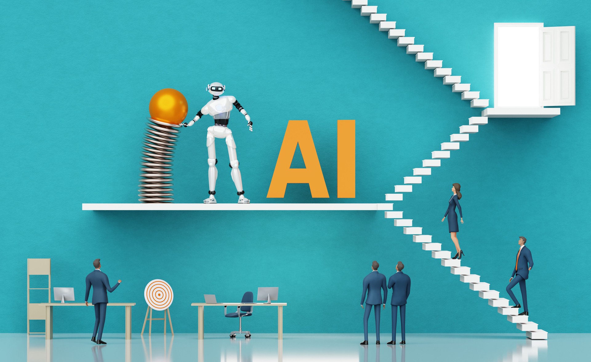 Robots, artificial intelligent being introduced to business people, People working and cooperating with robots and AI. 3D render illustration with copy space