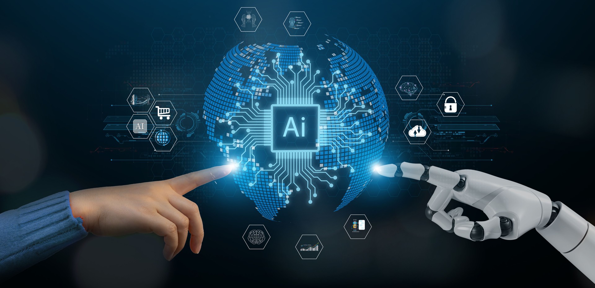 Concept of Artificial intelligence, AI robot, human, idea, development, think, futuristic technology transformation, science, robotic hand, connection with human hand and robot technology development