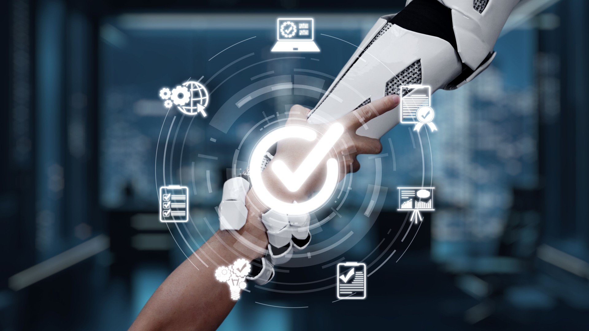 Hands of a humanoid robot and a human reaching towards each other in a modern digital workspace representing harmony between technology and humanity. Auvana