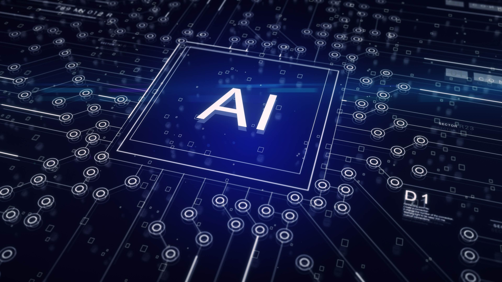 An electric blue AI logo on a computer chip in a city arena